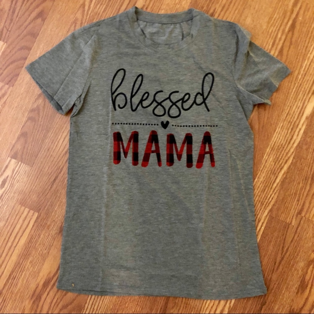 GRAY | BLESSED MAMA TEE | PLAID LETTERS🖤❤️